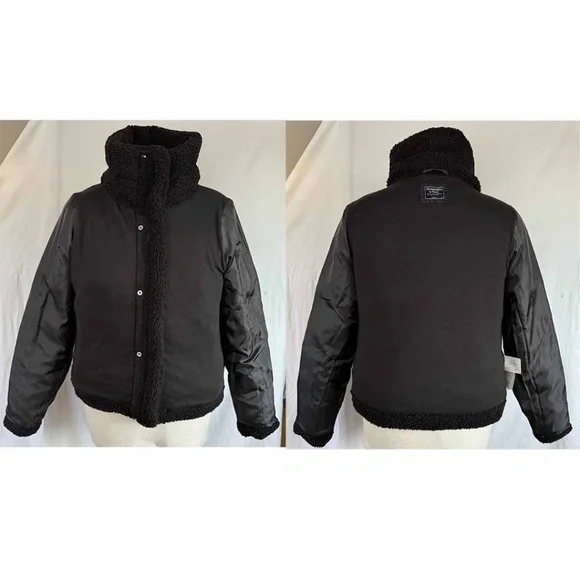 Abercrombie and Fitch A&F Women Large Black Sherpa Mini Puffer Jacket EUC - Picture 10 of 12